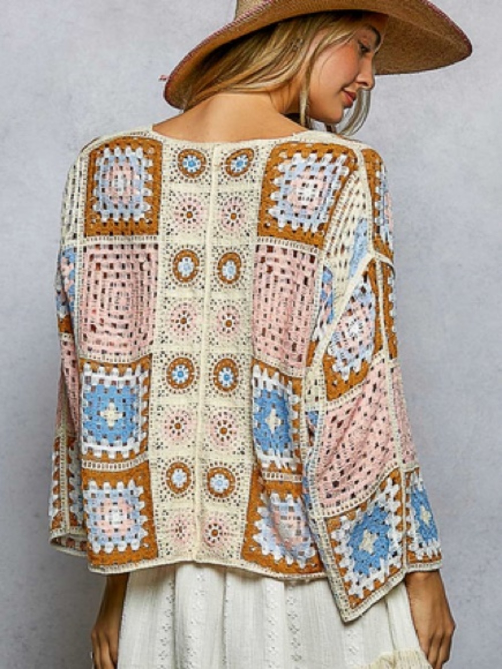 POL l Tie Front Crochet Granny Square Cardigan Kimono Sleeves in Pink Multi, O/S